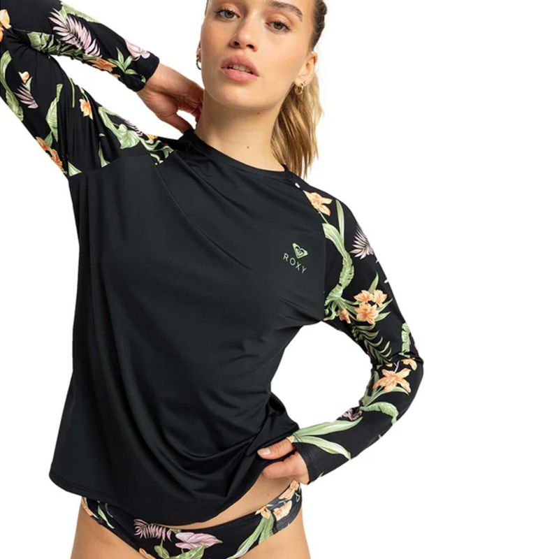 ロキシーROXYサーフィンサーフラッシュガードUVカットLSLYCRAラッシュガードBLACKボタニカル柄水着クルーネックGRJWR03038レディース女性25SP春夏
