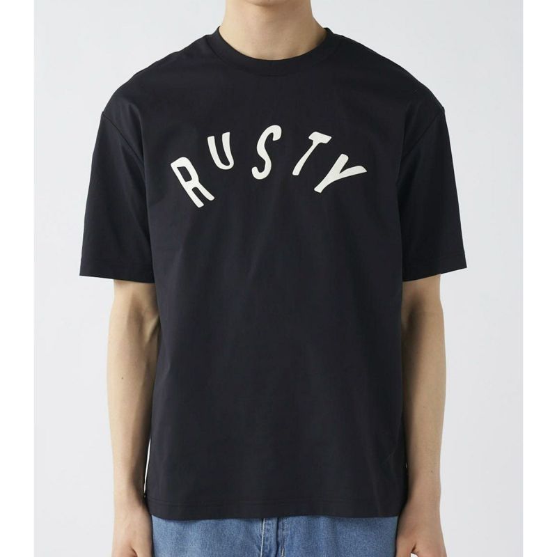 ラスティRUSTYサーフィンサーフウェア半袖TシャツUVカットペアテックス水陸両用RUSTY発泡プリントロゴTシャツ915-460メンズ男性25SP春夏