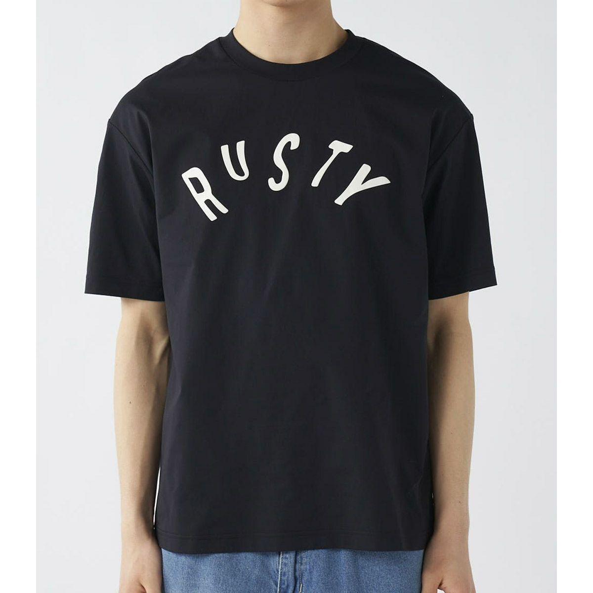 ラスティRUSTYサーフィンサーフウェア半袖TシャツUVカットペアテックス水陸両用RUSTY発泡プリントロゴTシャツ915-460メンズ男性25SP春夏