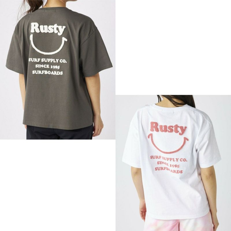 ラスティRUSTYサーフィンサーフウェア半袖Tシャツニコちゃん相良刺繍Tシャツ襟ワンポイント925-504レディース女性25SP春夏