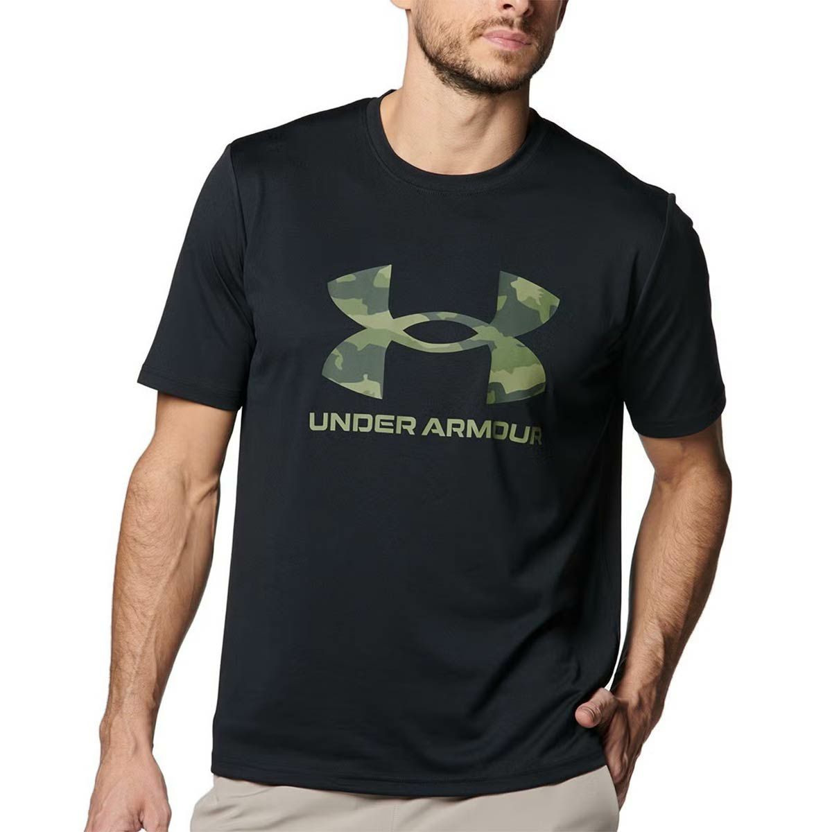アンダーアーマーUNDERARMOURジムフィットネスヨガウェア半袖TシャツテックカモビッグロゴショートスリーブTシャツTECHCAMOBIGLOGOSS1384797-001メンズ男性25FA秋冬