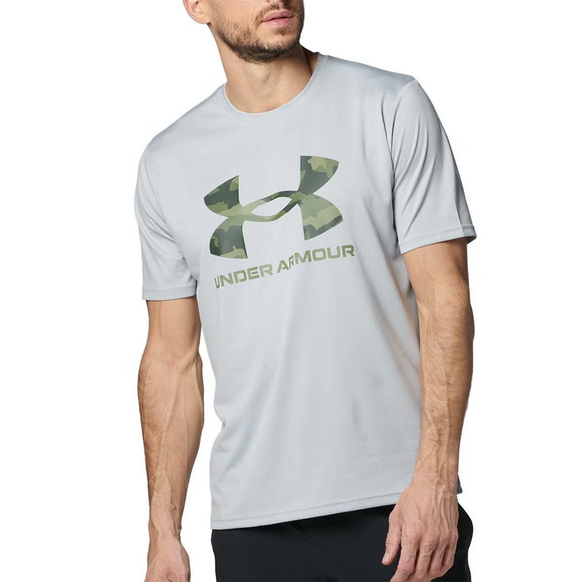 アンダーアーマーUNDERARMOURジムフィットネスヨガウェア半袖TシャツテックカモビッグロゴショートスリーブTシャツTECHCAMOBIGLOGOSS1384797-011メンズ男性25FA秋冬