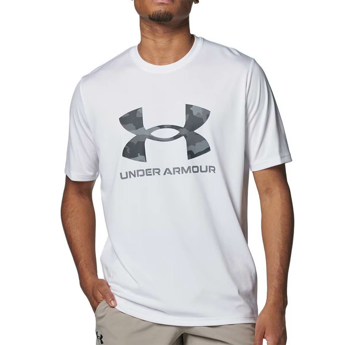 アンダーアーマーUNDERARMOURジムフィットネスヨガウェア半袖TシャツテックカモビッグロゴショートスリーブTシャツTECHCAMOBIGLOGOSS1384797-100メンズ男性25FA秋冬