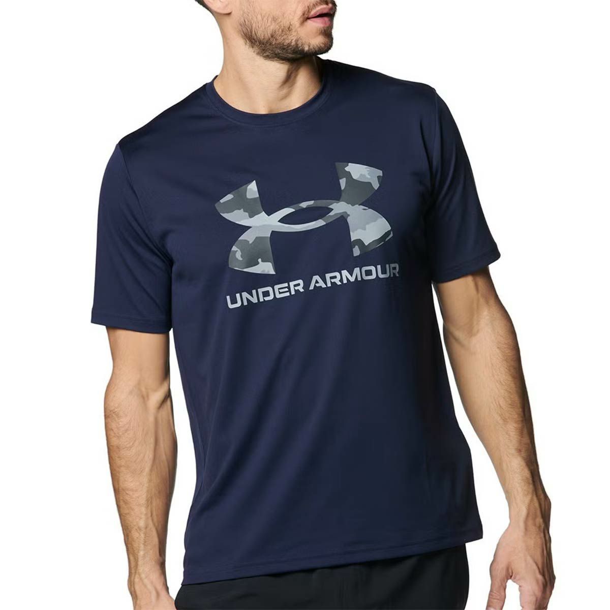 アンダーアーマーUNDERARMOURジムフィットネスヨガウェア半袖TシャツテックカモビッグロゴショートスリーブTシャツTECHCAMOBIGLOGOSS1384797-410メンズ男性25FA秋冬